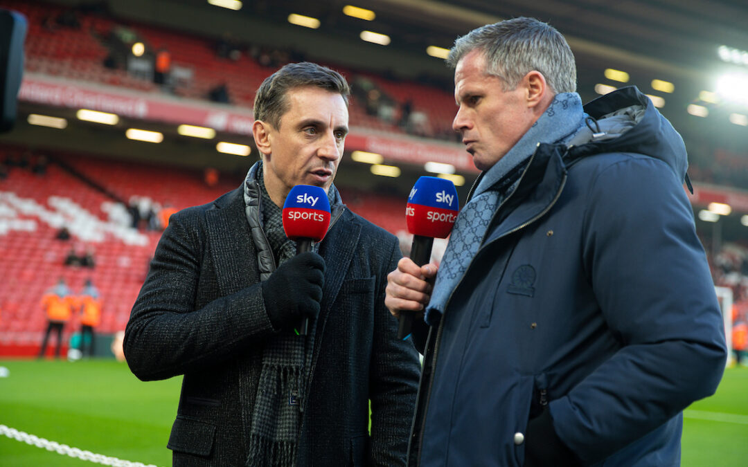 Former Liverpool player Jamie Carragher (R) and former Manchester United player Gary Neville (L) working for Sky Sports before the FA Premier League match between Liverpool FC and Manchester United FC at Anfield.