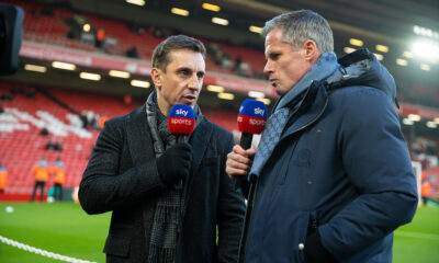 Former Liverpool player Jamie Carragher (R) and former Manchester United player Gary Neville (L) working for Sky Sports before the FA Premier League match between Liverpool FC and Manchester United FC at Anfield.