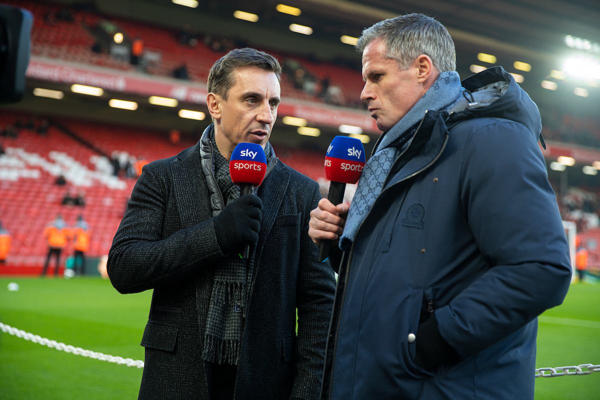 Sunday, January 19, 2020: Former Liverpool player Jamie Carragher (R) and former Manchester United player Gary Neville (L) working for Sky Sports before the FA Premier League match between Liverpool FC and Manchester United FC at Anfield.