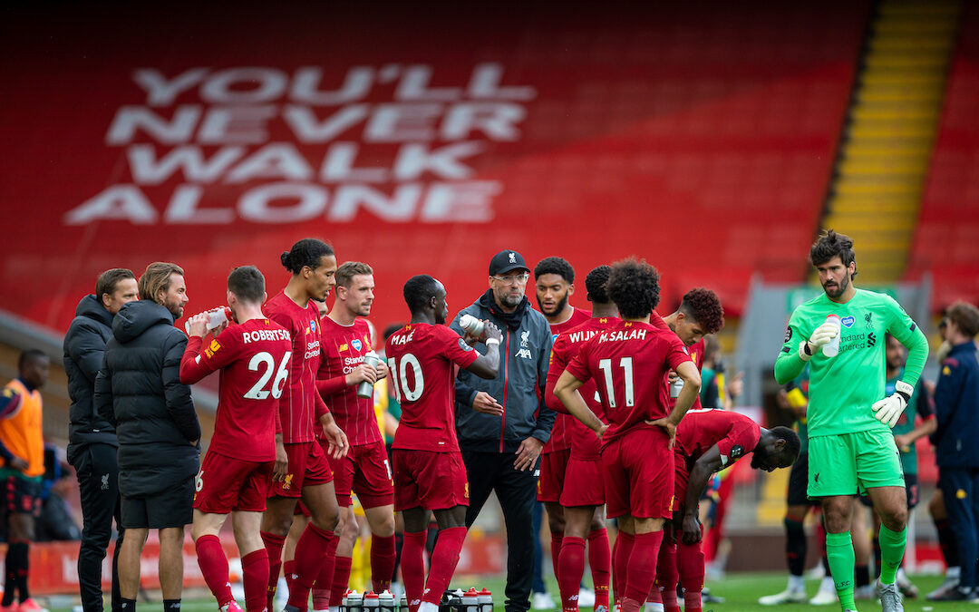 Sunday, July 5, 2020: Liverpool’s manager Jürgen Klopp speaks to his players during a water break during the FA Premier League match between Liverpool FC and Aston Villa FC at Anfield. The game was played behind closed doors due to the UK government’s social distancing laws during the Coronavirus COVID-19 Pandemic.