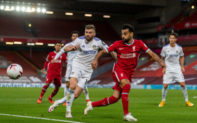 Saturday, September 12, 2020: Liverpool’s Mohamed Salah (R) and Leeds United's Stuart Dallas during the opening FA Premier League match between Liverpool FC and Leeds United FC at Anfield. The game was played behind closed doors due to the UK government’s social distancing laws during the Coronavirus COVID-19 Pandemic. Liverpool won 4-3.