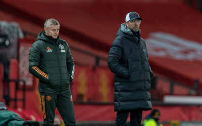 Liverpool's manager Jürgen Klopp (R) and Manchester United's manager Ole Gunnar Solskjær during the FA Cup 4th Round match between Manchester United FC and Liverpool FC at Old Trafford. Manchester United won 3-2.