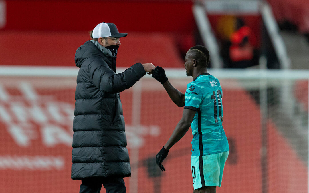 Liverpool's manager Jürgen Klopp fist bumps Sadio Mané after the FA Cup 4th Round match between Manchester United FC and Liverpool FC at Old Trafford. Manchester United won 3-2.