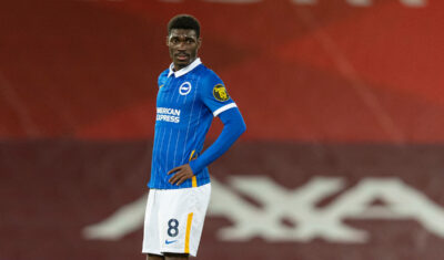 Brighton & Hove Albion's Yves Bissouma during the FA Premier League match between Liverpool FC and Brighton & Hove Albion FC at Anfield.