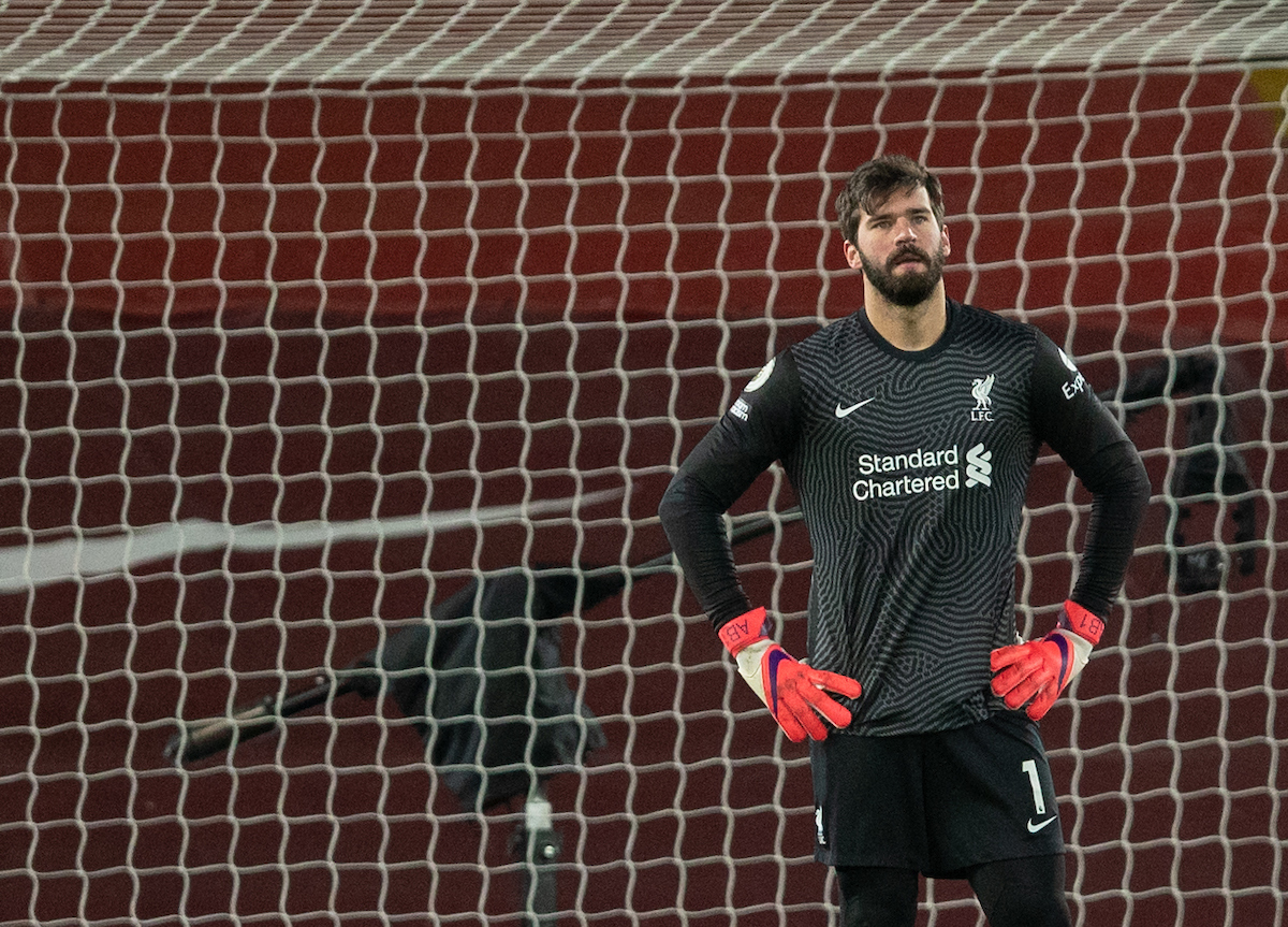 Sunday, February 7, 2021: Liverpool's goalkeeper Alisson Becker looks dejected as Manchester City score the third goal during the FA Premier League match between Liverpool FC and Manchester City FC at Anfield. Manchester City won 4-1.
