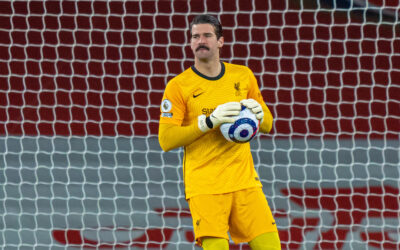 Saturday, April 3, 2021: Liverpool's goalkeeper Alisson Becker during the FA Premier League match between Arsenal FC and Liverpool FC at the Emirates Stadium. Liverpool won 3-0.