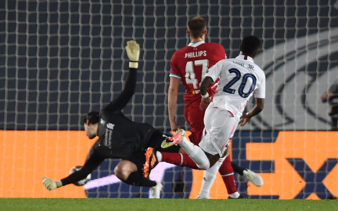 MADRID, SPAIN - Tuesday, April 6, 2021: Real Madrid's Vinícius Júnior scores the first goal during the UEFA Champions League Quarter-Final 1st Leg game between Real Madrid CF and Liverpool FC at the Estadio Alfredo Di Stefano.