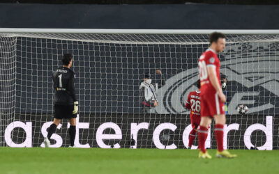 MADRID, SPAIN - Tuesday, April 6, 2021: Real Madrid's Marco Asensio (R) celebrates after scoring the second goal during the UEFA Champions League Quarter-Final 1st Leg game between Real Madrid CF and Liverpool FC at the Estadio Alfredo Di Stefano.