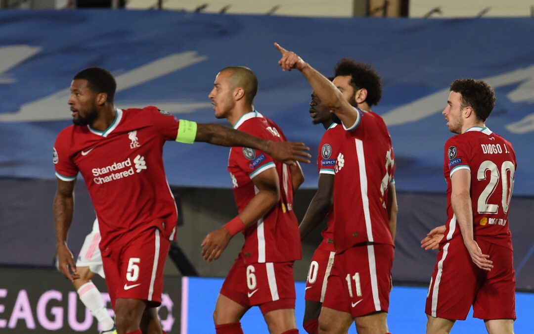 MADRID, SPAIN - Tuesday, April 6, 2021: Liverpool's Mohamed Salah celebrates after his side's only goal during the UEFA Champions League Quarter-Final 1st Leg game between Real Madrid CF and Liverpool FC at the Estadio Alfredo Di Stefano.