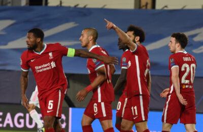 MADRID, SPAIN - Tuesday, April 6, 2021: Liverpool's Mohamed Salah celebrates after his side's only goal during the UEFA Champions League Quarter-Final 1st Leg game between Real Madrid CF and Liverpool FC at the Estadio Alfredo Di Stefano.