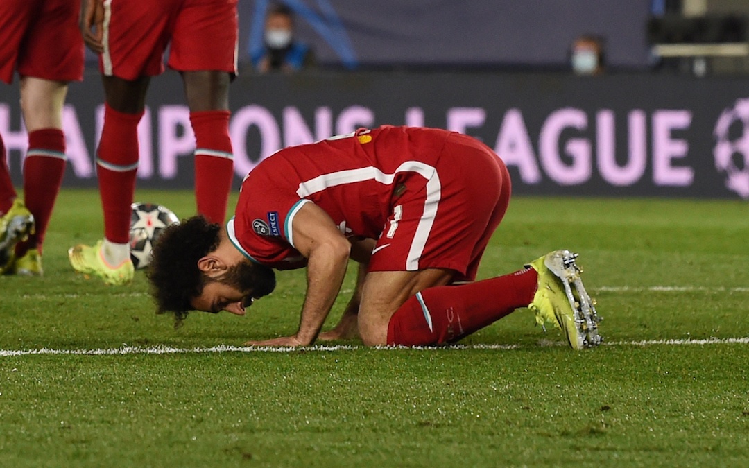 MADRID, SPAIN - Tuesday, April 6, 2021: Liverpool's Mohamed Salah celebrates after his side's only goal during the UEFA Champions League Quarter-Final 1st Leg game between Real Madrid CF and Liverpool FC at the Estadio Alfredo Di Stefano.