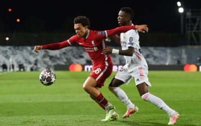 MADRID, SPAIN - Tuesday, April 6, 2021: Liverpool's Trent Alexander-Arnold during the UEFA Champions League Quarter-Final 1st Leg game between Real Madrid CF and Liverpool FC at the Estadio Alfredo Di Stefano.