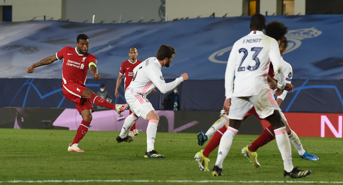 MADRID, SPAIN - Tuesday, April 6, 2021: Liverpool's Georginio Wijnaldum during the UEFA Champions League Quarter-Final 1st Leg game between Real Madrid CF and Liverpool FC at the Estadio Alfredo Di Stefano.