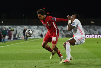 Tuesday, April 6, 2021: Liverpool's Trent Alexander-Arnold during the UEFA Champions League Quarter-Final 1st Leg game between Real Madird CF and Liverpool FC at the Estadio Alfredo Di Stefano. Real Madrid won 3-1.