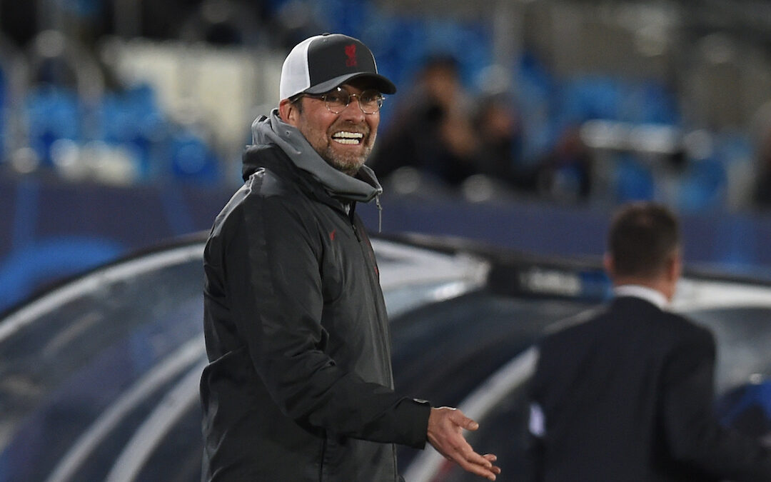 MADRID, SPAIN - Tuesday, April 6, 2021: Liverpool's manager Jürgen Klopp during the UEFA Champions League Quarter-Final 1st Leg game between Real Madrid CF and Liverpool FC at the Estadio Alfredo Di Stefano.