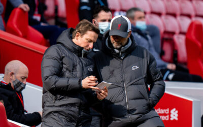 Saturday, April 10, 2021: Liverpool's first-team development coach Pepijn Lijnders (L) and manager Jürgen Klopp during the FA Premier League match between Liverpool FC and Aston Villa FC at Anfield. Liverpool won 2-1.