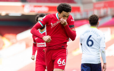 Saturday, April 10, 2021: Liverpool's Trent Alexander-Arnold kisses the badge on his shirt as he celebrates after scoring the winning second goal during the FA Premier League match between Liverpool FC and Aston Villa FC at Anfield. Liverpool won 2-1.