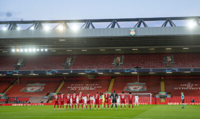 Wednesday, April 14, 2021: Liverpool and Real Madrid players stand for a moment's silence to remember the 96 victims of the Hillsborough Stadium Disaster on the eve of the 32th anniversary, before the UEFA Champions League Quarter-Final 2nd Leg game between Liverpool FC and Real Madird CF at Anfield. The game ended in a goal-less draw, Real Madrid won 3-1 on aggregate.