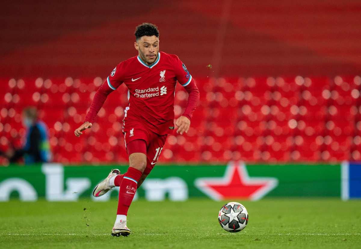 Wednesday, April 14, 2021: Liverpool's Alex Oxlade-Chamberlain during the UEFA Champions League Quarter-Final 2nd Leg game between Liverpool FC and Real Madrid CF at Anfield. The game ended in a goal-less draw, Real Madrid won 3-1 on aggregate.