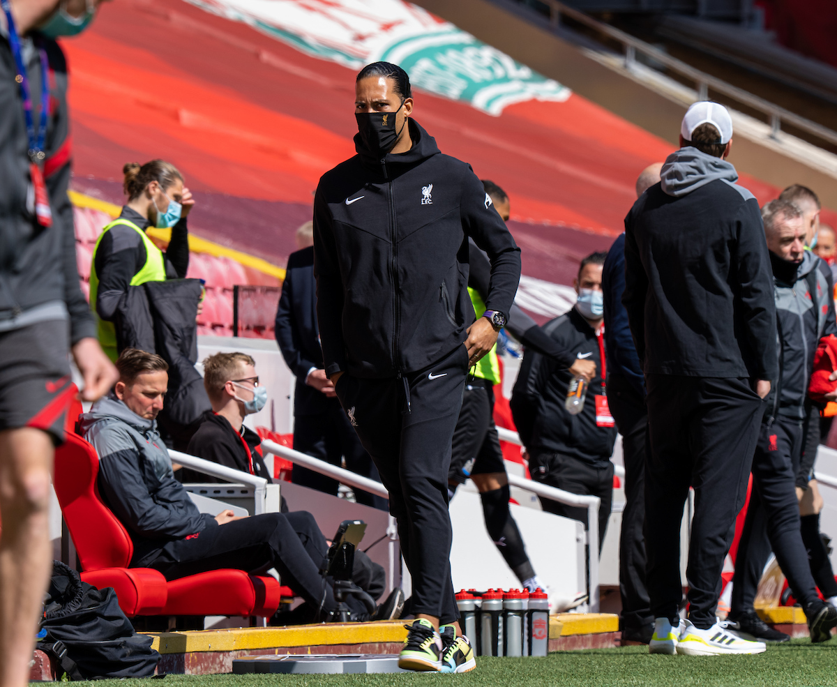 Liverpool's injured Virgil van Dijk during the FA Premier League match between Liverpool FC and Newcastle United FC at Anfield.