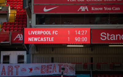 The scoreboard records the 1-1 draw during the FA Premier League match between Liverpool FC and Newcastle United FC at Anfield.