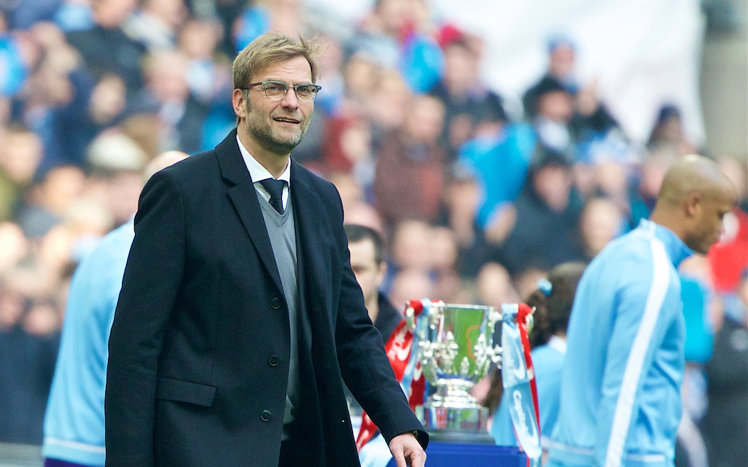 Liverpool's manager Jürgen Klopp walks out before the Football League Cup Final match against Manchester City at Wembley Stadium.