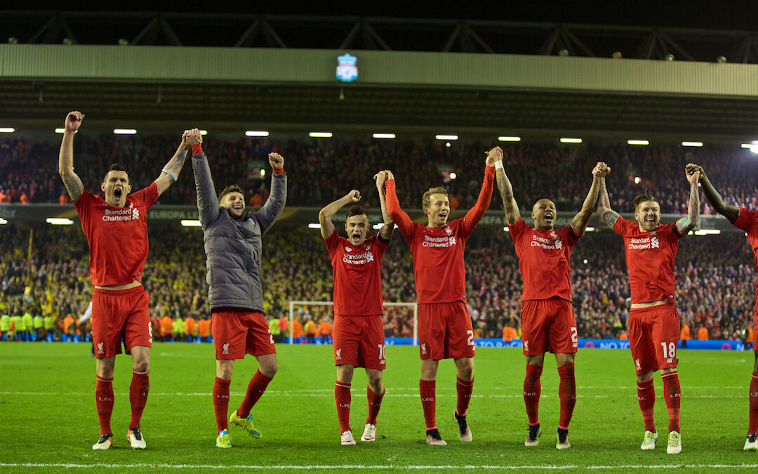 Thursday, April 14, 2016: Liverpool players celebrate the incredible 4-3 (5-4 aggregate) victory over Borussia Dortmund during the UEFA Europa League Quarter-Final 2nd Leg match at Anfield. Dejan Lovren, Adam Lallana, Philippe Coutinho Correia, Lucas Leiva, Nathaniel Clyne, Alberto Moreno.