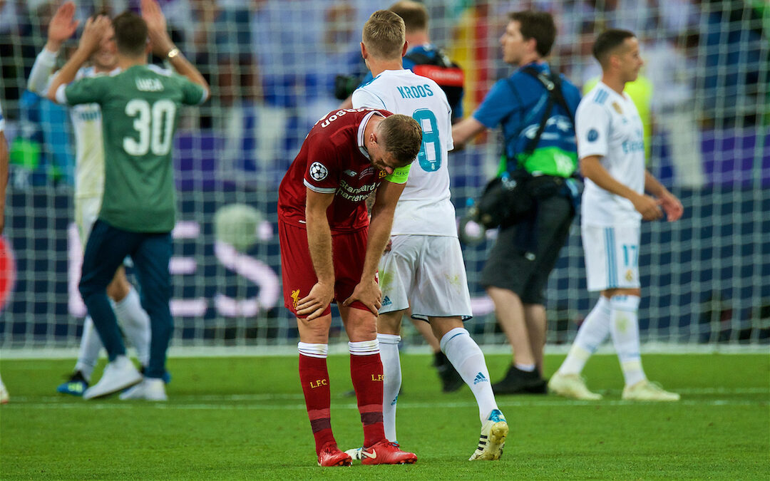 KIEV, UKRAINE - Saturday, May 26, 2018: Liverpool's captain Jordan Henderson looks dejected after the UEFA Champions League Final match between Real Madrid CF and Liverpool FC at the NSC Olimpiyskiy. Real Madrid won 3-1.