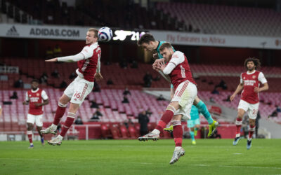 Liverpool's Diogo Jota scores the first goal with a header during the FA Premier League match between Arsenal FC and Liverpool FC at the Emirates Stadium