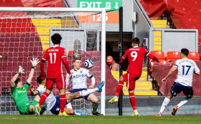 Saturday, April 10, 2021: Liverpool's Roberto Firmino scores a goal in injury time of the first half, but it was disallowed after a VAR review, during the FA Premier League match between Liverpool FC and Aston Villa FC at Anfield.