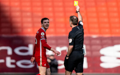 Saturday, April 10, 2021: Liverpool's Andy Robertson is shown a yellow card by referee Paul Tierney during the FA Premier League match between Liverpool FC and Aston Villa FC at Anfield.