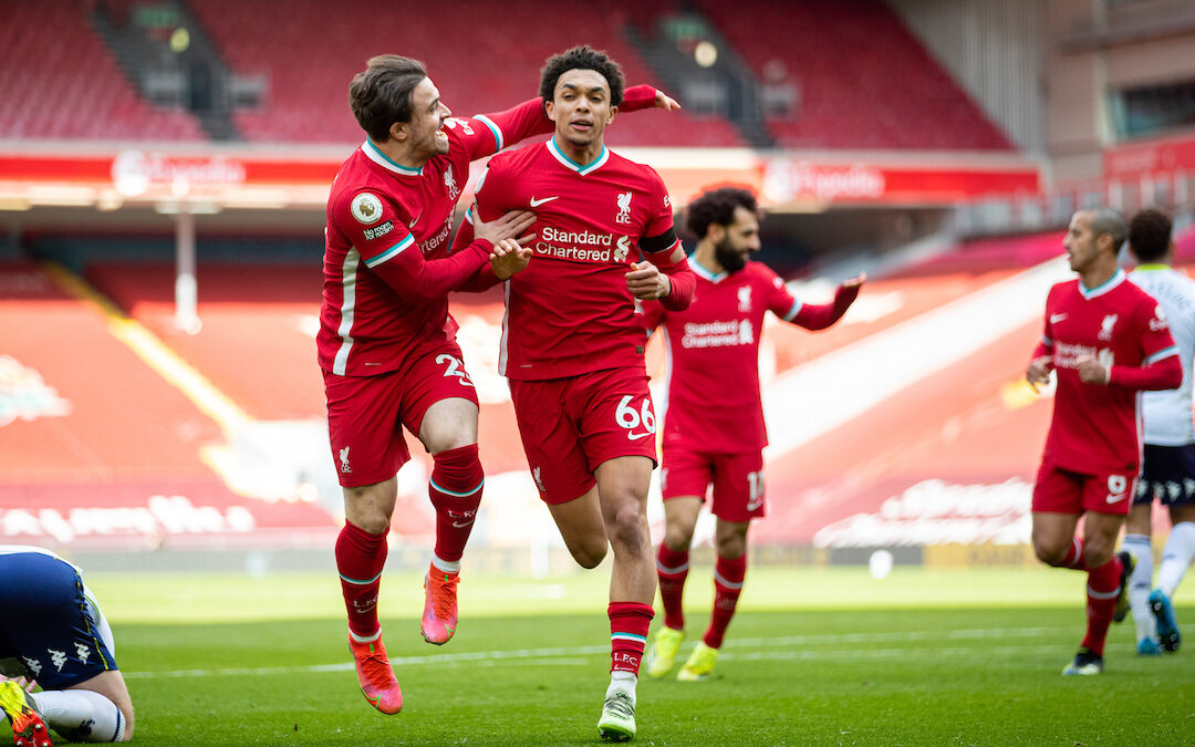 Saturday, April 10, 2021: Liverpool's Trent Alexander-Arnold (R) celebrates with team-mate Xherdan Shaqiri after scoring the second goal during the FA Premier League match between Liverpool FC and Aston Villa FC at Anfield.