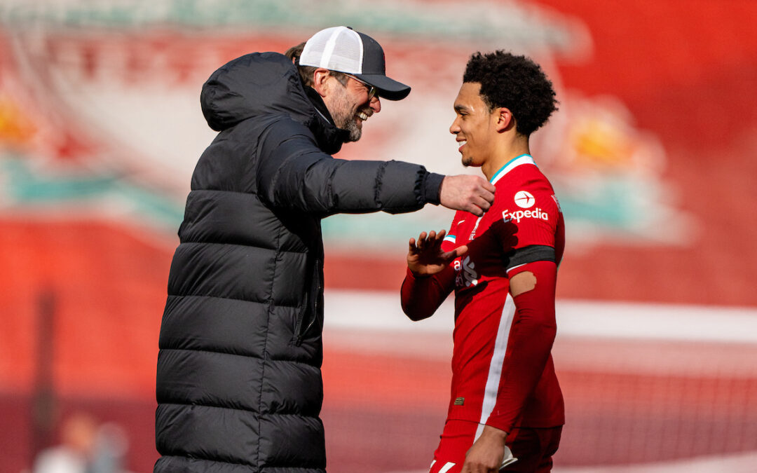 Saturday, April 10, 2021: Liverpool's manager Jürgen Klopp (L) with match-winning goal-scorer Trent Alexander-Arnold after the FA Premier League match between Liverpool FC and Aston Villa FC at Anfield.