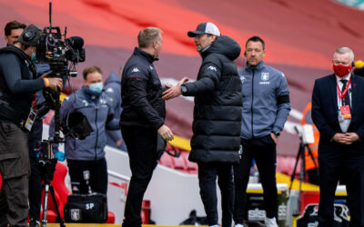 Saturday, April 10, 2021: Liverpool's manager Jürgen Klopp (R) and Aston Villa's manager Dean Smith after the FA Premier League match between Liverpool FC and Aston Villa FC at Anfield.