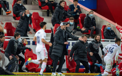 Wednesday, April 14, 2021: Liverpool's manager Jürgen Klopp reacts during the UEFA Champions League Quarter-Final 2nd Leg game between Liverpool FC and Real Madrid CF at Anfield.