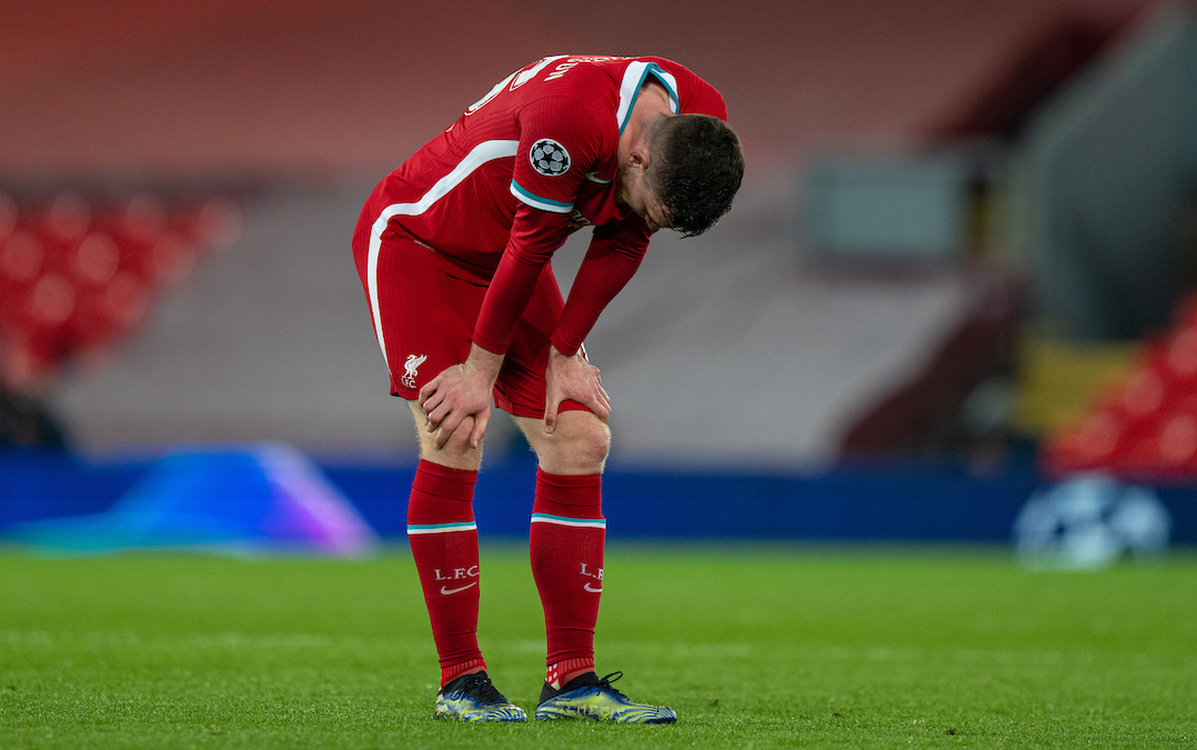 Wednesday, April 14, 2021: Liverpool's Andy Robertson looks dejected after the UEFA Champions League Quarter-Final 2nd Leg game between Liverpool FC and Real Madrid CF at Anfield. The game ended in a goal-less draw, Real Madrid won 3-1 on aggregate.