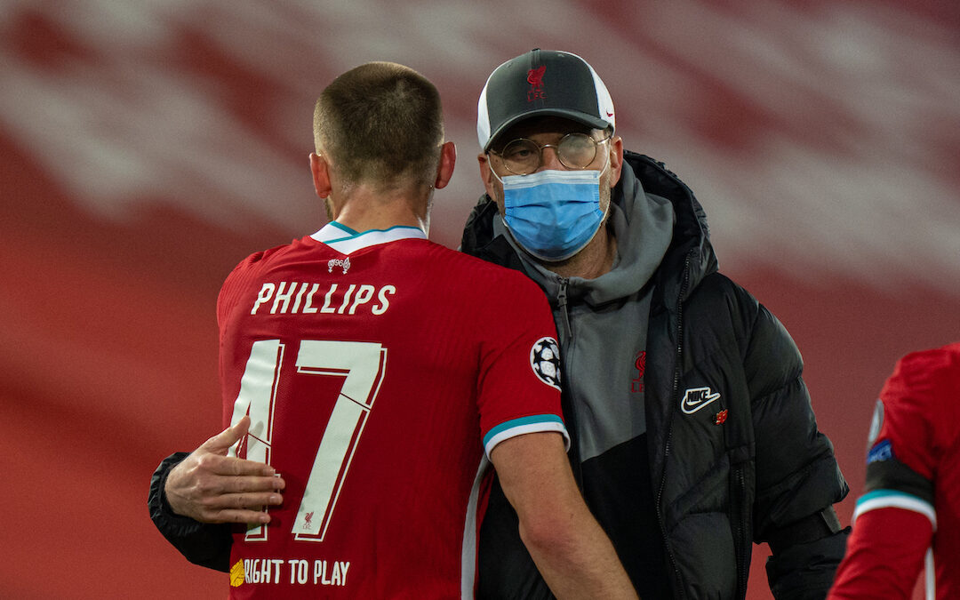 Wednesday, April 14, 2021: Liverpool's manager Jürgen Klopp with Nathaniel Phillips after the UEFA Champions League Quarter-Final 2nd Leg game between Liverpool FC and Real Madird CF at Anfield. The game ended in a goal-less draw, Real Madrid won 3-1 on aggregate.