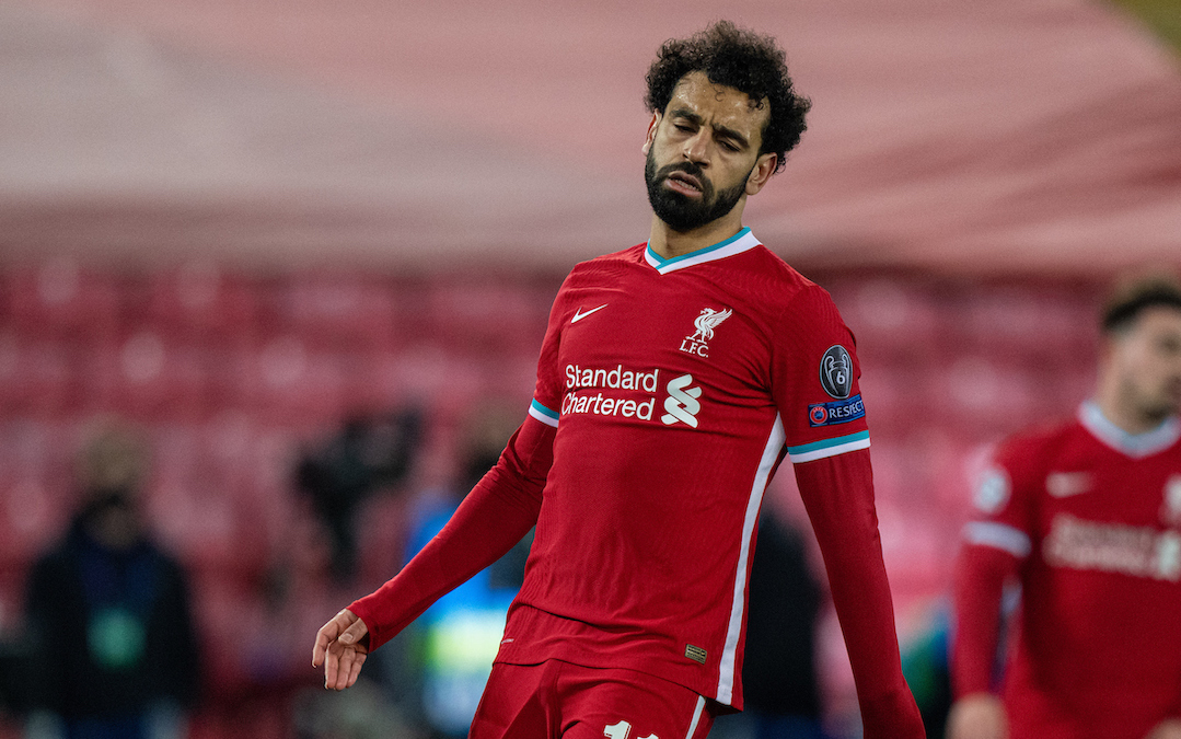 Wednesday, April 14, 2021: Liverpool's Mohamed Salah looks dejected after the UEFA Champions League Quarter-Final 2nd Leg game between Liverpool FC and Real Madird CF at Anfield. The game ended in a goal-less draw, Real Madrid won 3-1 on aggregate.