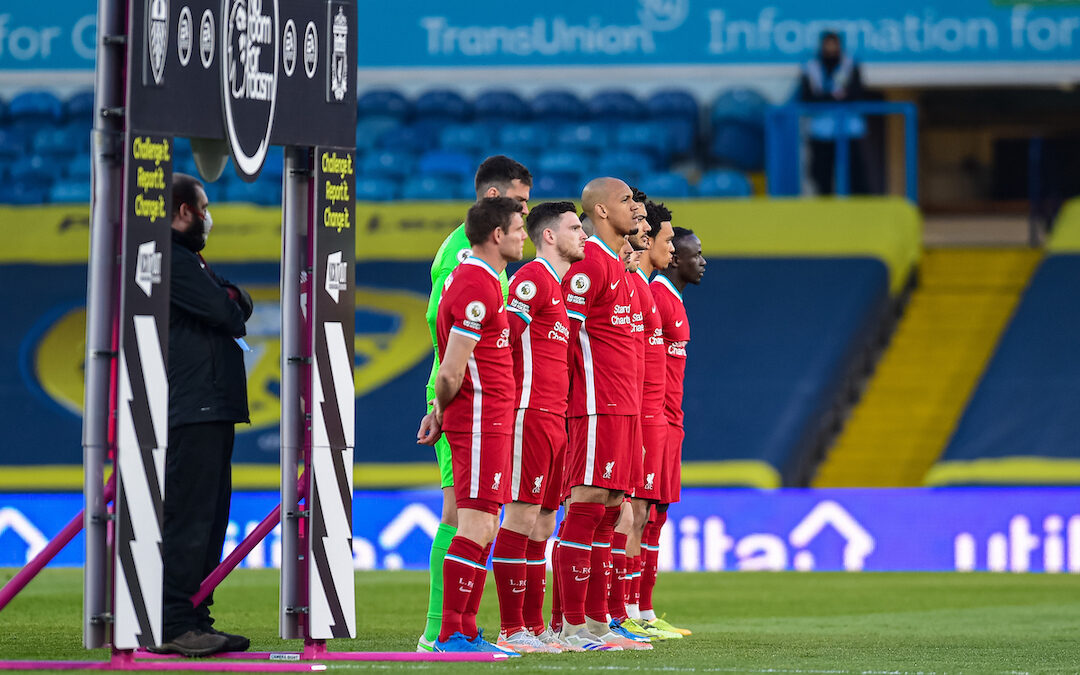 Monday, April 19, 2021: Liverpool players line-up before the FA Premier League match between Leeds United FC and Liverpool FC at Elland Road.