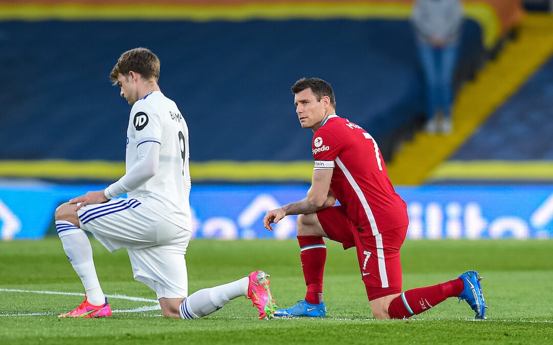 Monday, April 19, 2021: Liverpool's James Milner and Leeds United's Patrick Bamford kneels down (takes a knee) in support of the Black Lives Matter movement before the FA Premier League match between Leeds United FC and Liverpool FC at Elland Road.