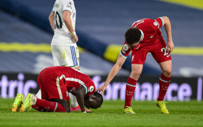 Monday, April 19, 2021: Liverpool's Sadio Mané kneels to pray as he celebrates after scoring the first goal during the FA Premier League match between Leeds United FC and Liverpool FC at Elland Road.