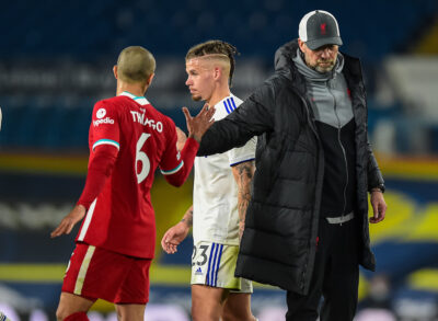 Monday, April 19, 2021: Liverpool's manager Jürgen Klopp (R) with Thiago Alcantara after the FA Premier League match between Leeds United FC and Liverpool FC at Elland Road. The game ended in a 1-1 draw.