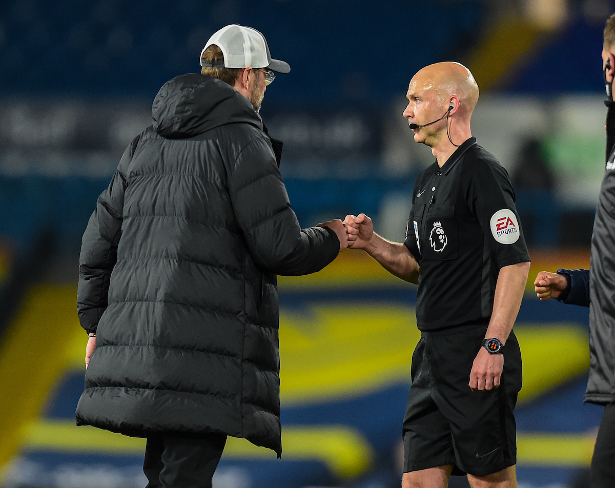 Monday, April 19, 2021: Liverpool's manager Jürgen Klopp (L) fist bumps referee Anthony Taylor after the FA Premier League match between Leeds United FC and Liverpool FC at Elland Road. The game ended in a 1-1 draw.