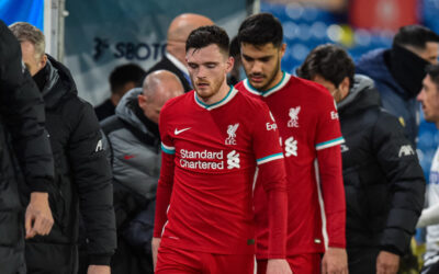 Monday, April 19, 2021: Liverpool's Andy Robertson (L) and Ozan Kabak after the FA Premier League match between Leeds United FC and Liverpool FC at Elland Road. The game ended in a 1-1 draw.