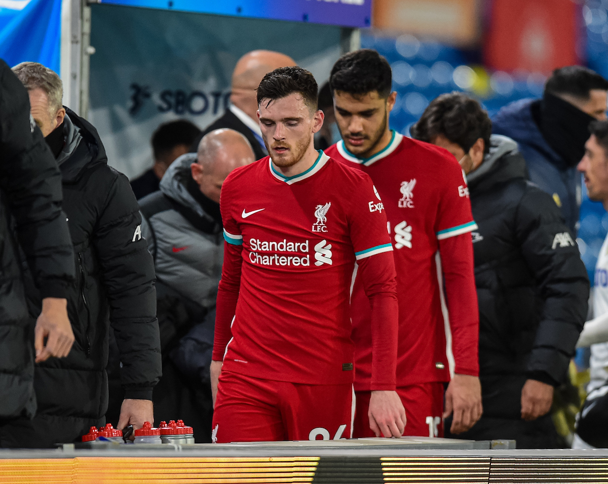 Monday, April 19, 2021: Liverpool's Andy Robertson (L) and Ozan Kabak after the FA Premier League match between Leeds United FC and Liverpool FC at Elland Road. The game ended in a 1-1 draw.