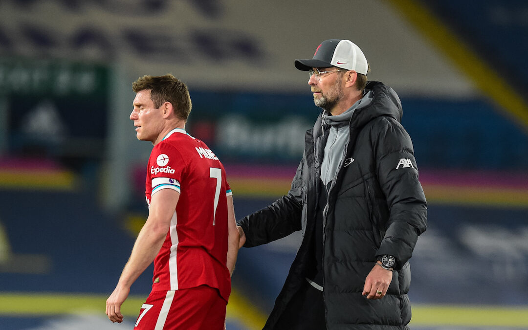 Monday, April 19, 2021: Liverpool's James Milner (L) and manager Jürgen Klopp after the FA Premier League match between Leeds United FC and Liverpool FC at Elland Road. The game ended in a 1-1 draw.