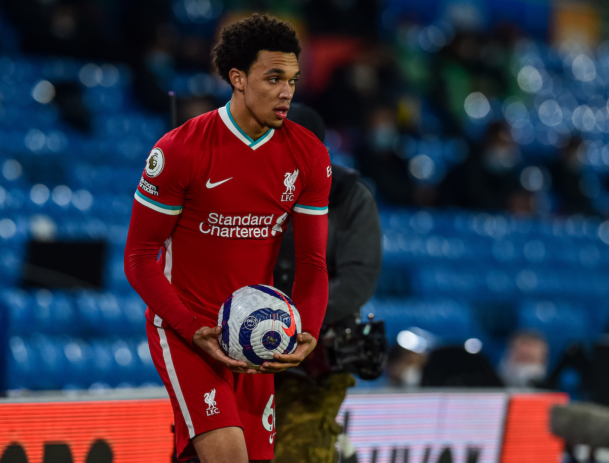 Monday, April 19, 2021: Liverpool's Trent Alexander-Arnold prepares to take a throw-in during the FA Premier League match between Leeds United FC and Liverpool FC at Elland Road.