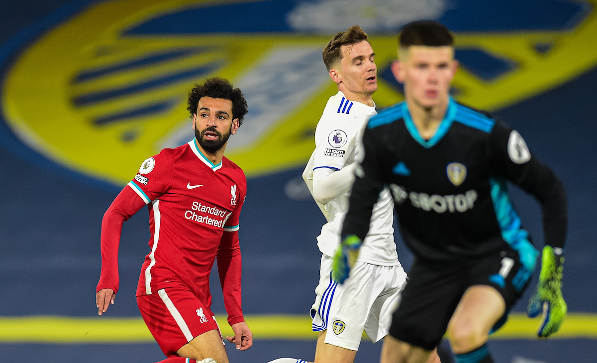 LEEDS, ENGLAND - Monday, April 19, 2021: Liverpool's substitute Mohamed Salah looks dejected after missing a chance during the FA Premier League match between Leeds United FC and Liverpool FC at Elland Road.