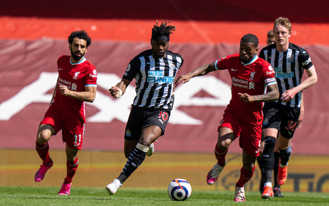 Newcastle United's Allan Saint-Maximin (C) during the FA Premier League match between Liverpool FC and Newcastle United FC at Anfield.