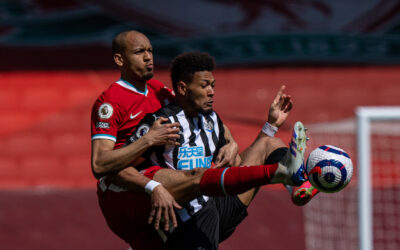 Liverpool's Fabio Henrique Tavares 'Fabinho' (L) challenges Joelinton Cássio Apolinário de Lira during the FA Premier League match between Liverpool FC and Newcastle United FC at Anfield.